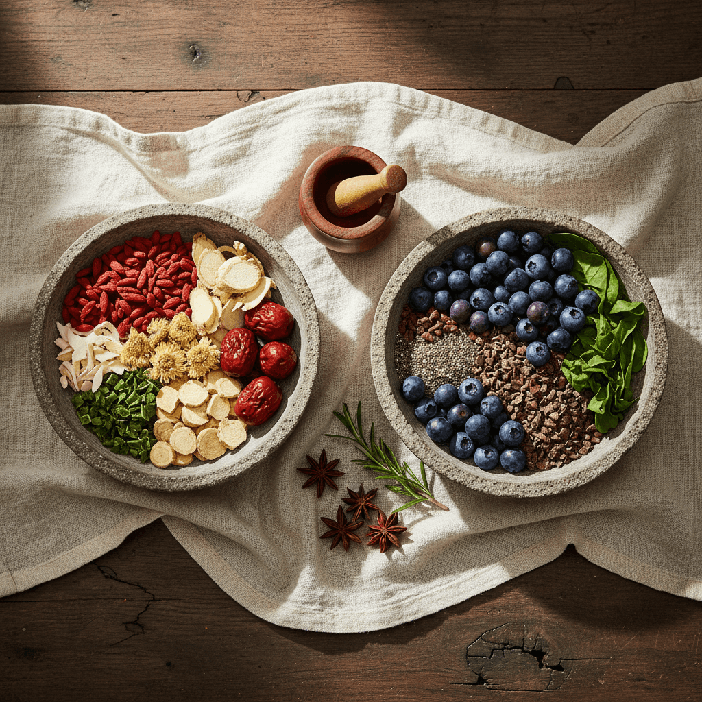 Two stone bowls side by side on linen. One holds Eastern medicinal herbs (goji berries, ginseng, jujube). The other holds Western whole-food superfoods (blueberries, açaí, chia, greens). Together they represent the intersection of ancient wisdom and modern nutritional science that inspired RĀW Superfood Café.